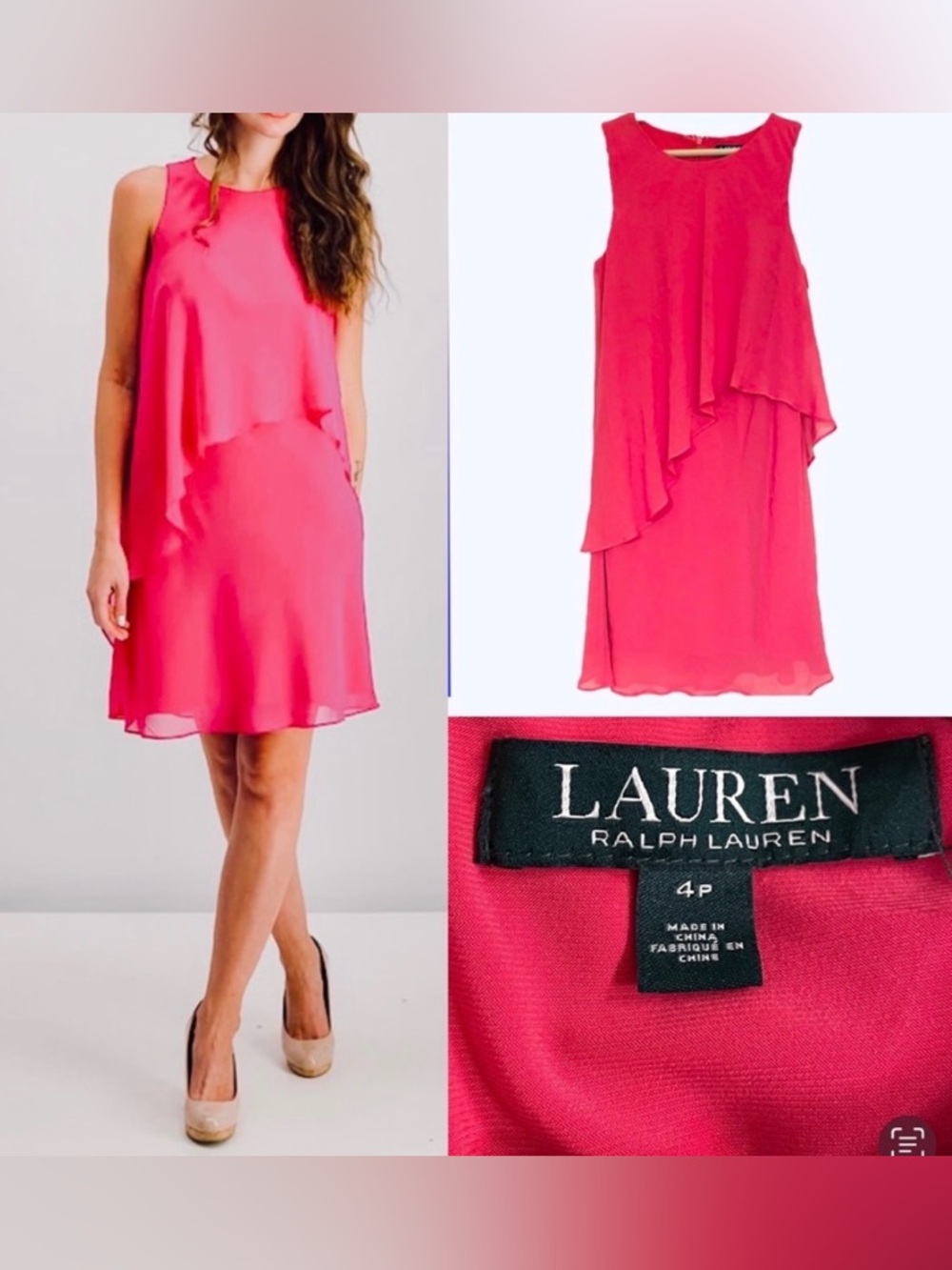 EUC Lauren Ralph Lauren Womens Georgette  Shift Dress 4P petite Tropic Pink